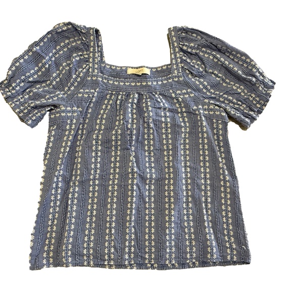 LOFT Tops - Loft Blue Denim/Linen Style Puff Sleeve Embroidered Blouse Size Medium